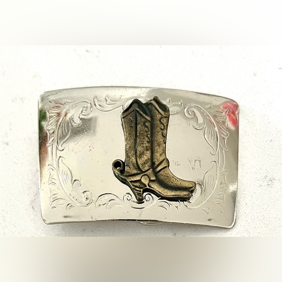 Vintage Belt Buckle Made In USA Silver Tone Brass Cowboy Boots Filigree About 3" - Picture 3 of 8